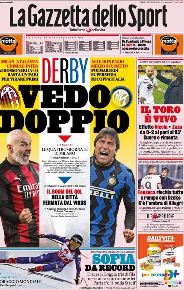 La prima pagina della Gazzetta dello Sport, in edicola oggi, 23 gennaio 2021 La prima pagina della Gazzetta dello Sport, in edicola oggi, 23 gennaio 2021