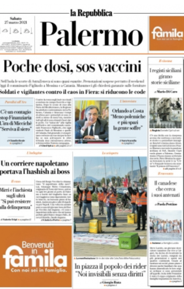 Prima Pagina, La Repubblica Palermo: “Poche dosi, sos vaccini. Soldati e vigilantes in Fiera”  Prima Pagina, La Repubblica Palermo: “Poche dosi, sos vaccini. Soldati e vigilantes in Fiera”