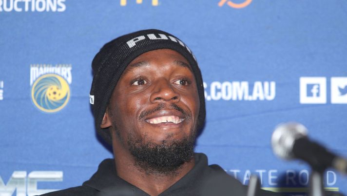 GOSFORD, AUSTRALIA - AUGUST 21:  Usain Bolt at the press conference during Usain Bolt's first training session with the Central Coast Mariners A-League squad at Central Coast Stadium on August 21, 2018 in Gosford, Australia.  (Photo by Tony Feder/Getty Images) 