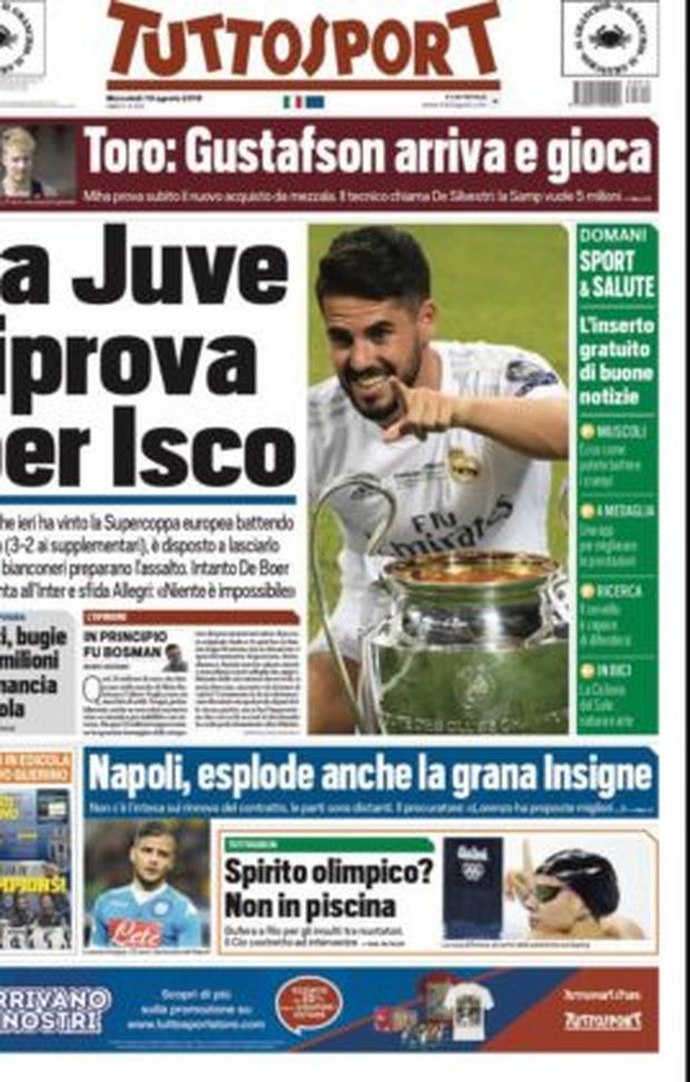Prima Pagina, Tuttosport: &#8220;La Juve riprova per Isco. Torino, Gustafson arriva e gioca&#8221; 