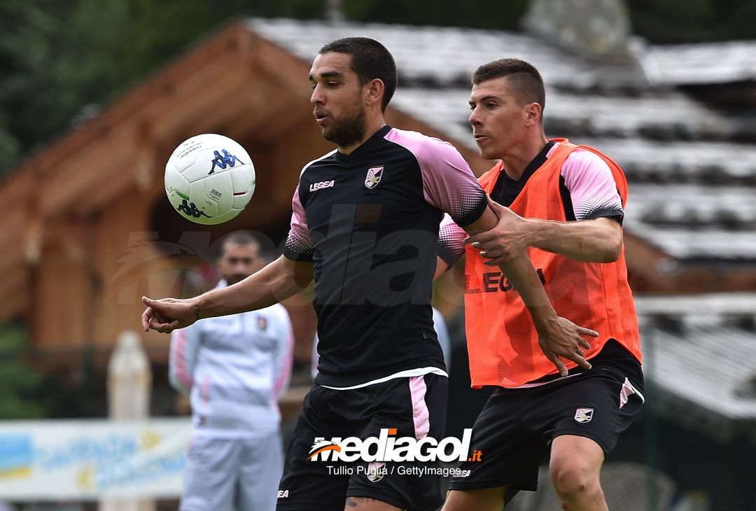  BELLUNO, ITALY - JULY 22:  Giuseppe Bellusci and Andrea Ingegneri in action during a training session at the US Citta' di Palermo training camp on July 22, 2018 in Belluno, Italy.  (Photo by Tullio M. Puglia/Getty Images)  