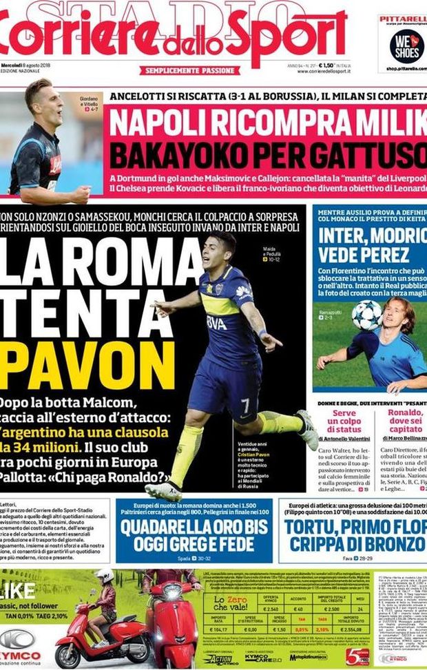 Prima Pagina, Corriere dello Sport: “La Roma tenta Pavon. Napoli ricompra Milik, Bakayoko per Gattuso…” Prima Pagina, Corriere dello Sport: “La Roma tenta Pavon. Napoli ricompra Milik, Bakayoko per Gattuso…”