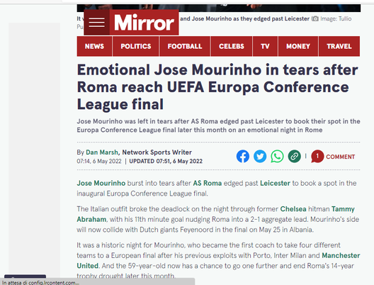 Roma, dalle lacrime alla “caduta inglese”: la stampa estera celebra Mourinho- immagine 2