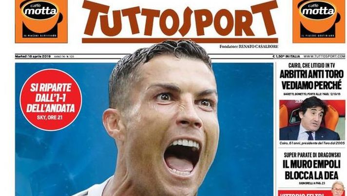 Prima Pagina, Tuttosport: “Cristiano al 100%. Arbitri anti Toro. Il muro Empoli blocca la Dea” 
