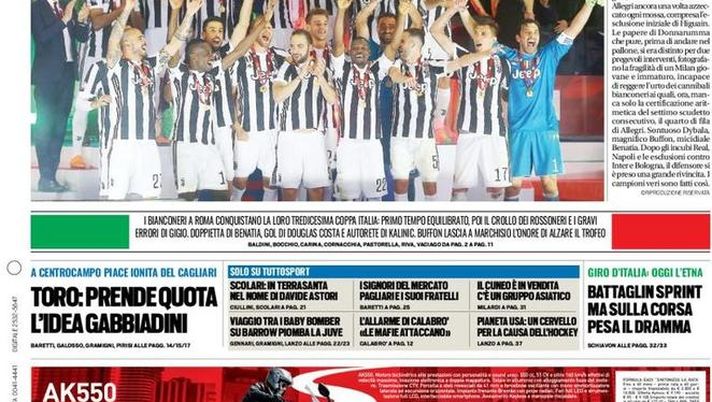 Prima Pagina, Tuttosport: &#8220;Coppa Juve, quarto trionfo consecutivo: Marchisio alza il trofeo. Toro: idea Gabbiadini e Ionita&#8230;&#8221; 
