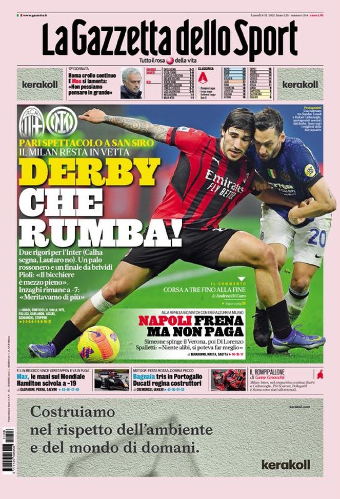 Prima Pagina, La Gazzetta dello Sport: “Derby, che rumba! Pari spettacolo a San Siro” Prima Pagina, La Gazzetta dello Sport: “Derby, che rumba! Pari spettacolo a San Siro” - immagine 1