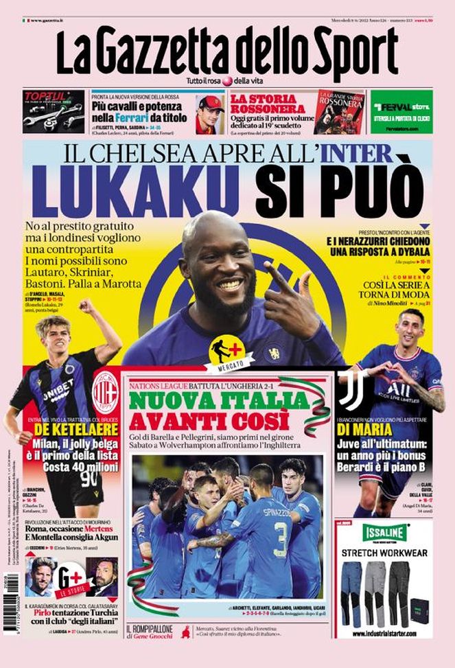 Prima Pagina, La Gazzetta dello Sport: “Nuova Italia, avanti così. Lukaku si può” Prima Pagina