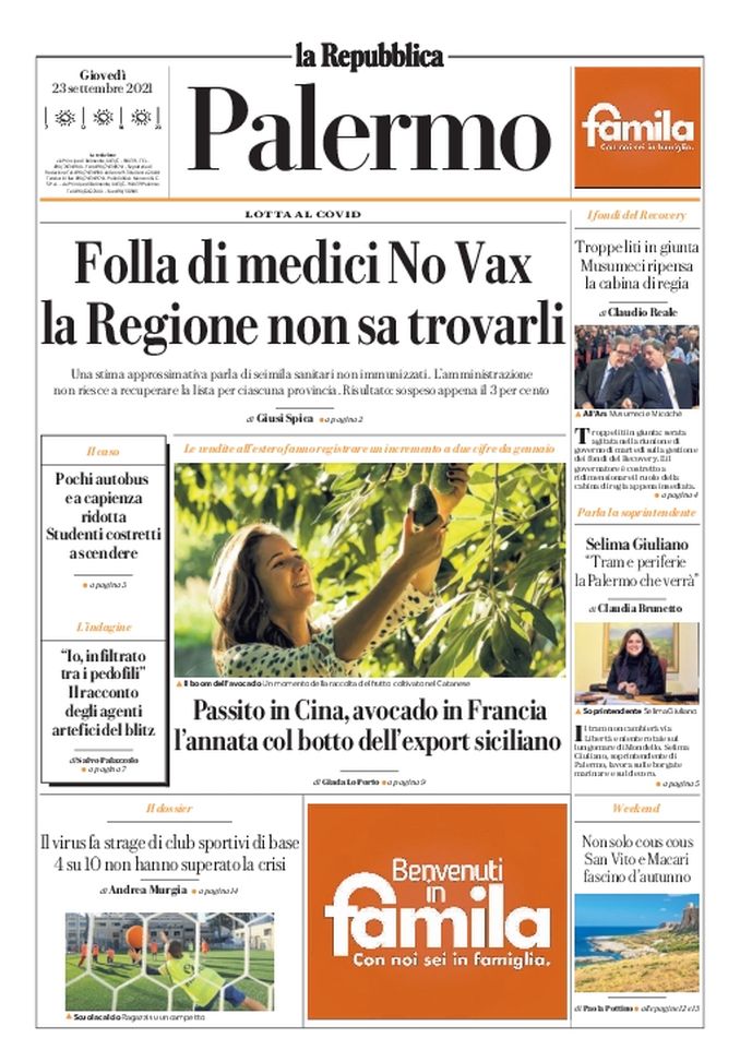 Prima Pagina, La Repubblica-Palermo: “Medici No Vax, la Regione non sa trovarli” Prima Pagina, La Repubblica-Palermo: “Medici No Vax, la Regione non sa trovarli”