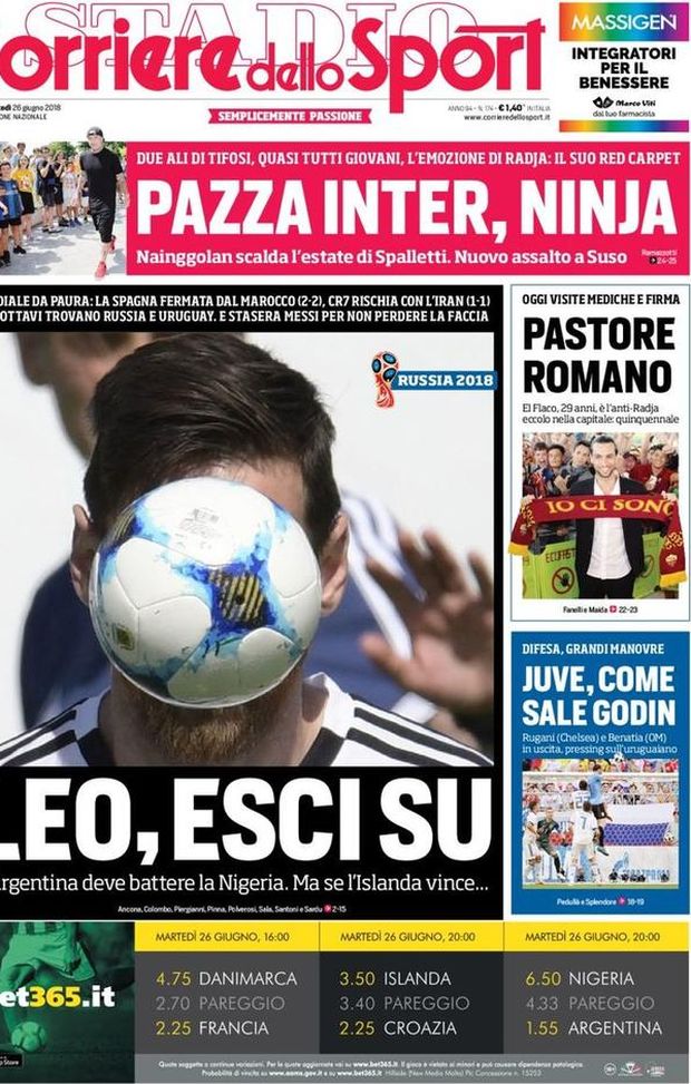 Prima Pagina, Corriere dello Sport: “Leo, esci su. Pazza Inter, Radja. Pastore romano. Juve, come sale Godin…” Prima Pagina, Corriere dello Sport: “Leo, esci su. Pazza Inter, Radja. Pastore romano. Juve, come sale Godin…”