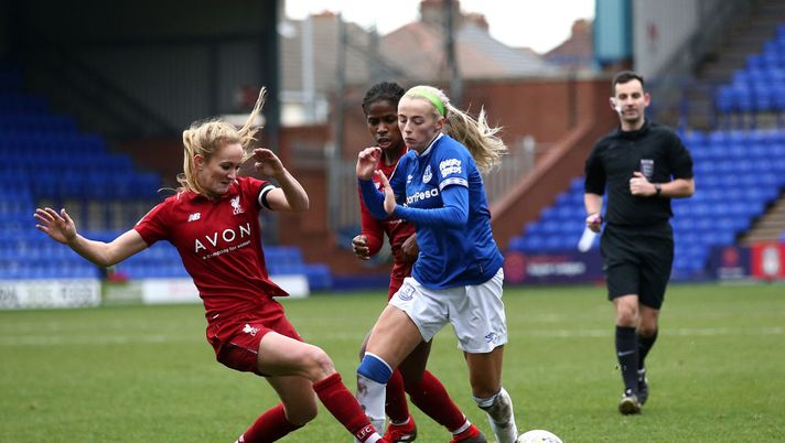 BIRKENHEAD, ENGLAND - DECEMBER 16: Chloe Kelly of Everton Ladies FC is tackled by Sophie Bradley -Auckland of Liverpool Ladies during the FA Continental Tyres Cup match between Liverpool FC and Everton Ladies FC at Prenton Park on December 16, 2018 in Birkenhead, England. (Photo by Jan Kruger/Getty Images) BIRKENHEAD, ENGLAND - DECEMBER 16: Chloe Kelly of Everton Ladies FC is tackled by Sophie Bradley -Auckland of Liverpool Ladies during the FA Continental Tyres Cup match between Liverpool FC and Everton Ladies FC at Prenton Park on December 16, 2018 in Birkenhead, England. (Photo by Jan Kruger/Getty Images)