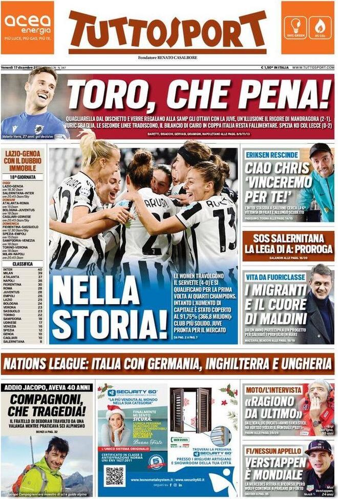 Prima Pagina, Tuttosport: “Lazio-Genoa con il dubbio Immobile. Eriksen rescinde”  Prima Pagina