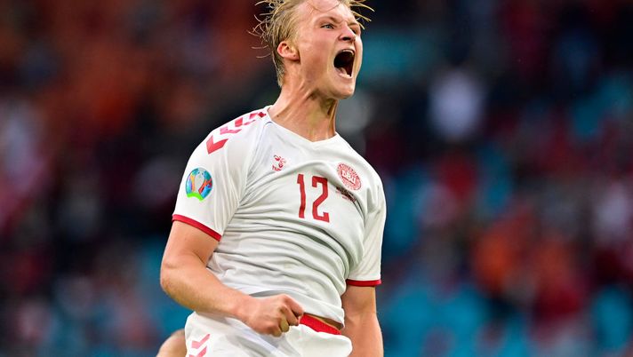 AMSTERDAM, NETHERLANDS - JUNE 26: Kasper Dolberg of Denmark celebrates after scoring their side's second goal during the UEFA Euro 2020 Championship Round of 16 match between Wales and Denmark at Johan Cruijff Arena on June 26, 2021 in Amsterdam, Netherlands. (Photo by Olaf Kraak - Pool/Getty Images)