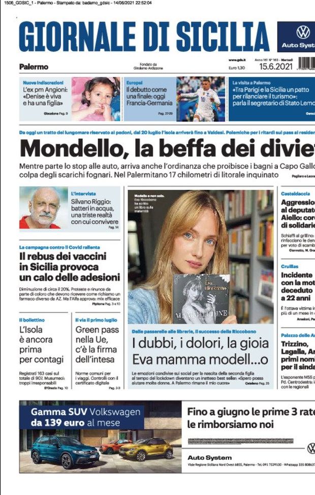 Prima Pagina, Giornale di Sicilia: “Mondello, la beffa dei divieti. Francia-Germania come una finale” Prima Pagina, Giornale di Sicilia: “Mondello, la beffa dei divieti. Francia-Germania come una finale”