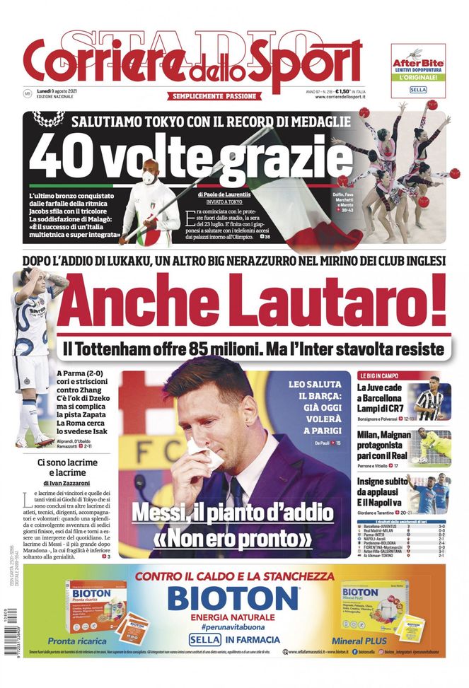 Prima Pagina, Corriere dello Sport: “Anche Lautaro! Messi, il pianto d’addio” 