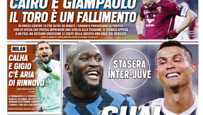 Prima Pagina, Tuttosport: “Inter-Juve, guai a chi perde! Il Toro è un fallimento” 