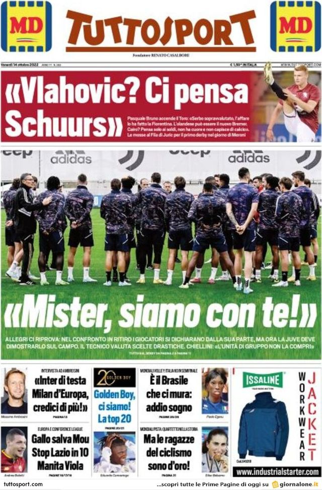 Prima pagina Tuttosport 14/10/2022