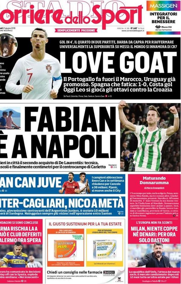 Prima Pagina, Corriere dello Sport: “Fabian è a Napoli. Love Goat. Parma rischia la A, il Palermo ora spera…” Prima Pagina, Corriere dello Sport: “Fabian è a Napoli. Love Goat. Parma rischia la A, il Palermo ora spera…”