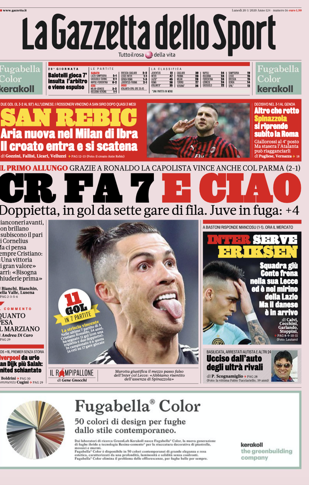 LE PRIME PAGINE DEI QUOTIDIANI SPORTIVI DEL 20.1