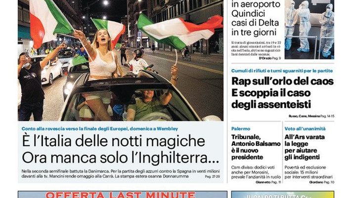 Prima Pagina, Giornale di Sicilia: “Italia delle notti magiche. Manca solo l’Inghilterra“ 