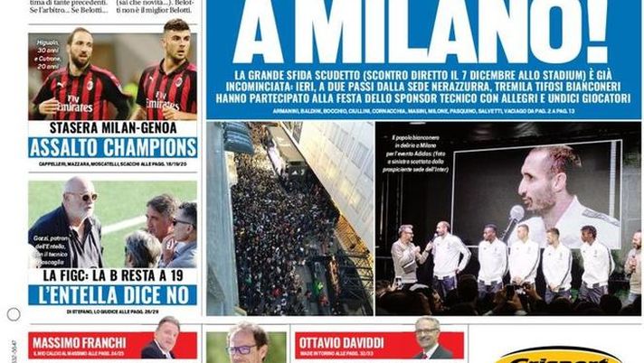 Prima Pagina, Tuttosport: “Juve-Inter a Milano! Assalto Champions. Figc: la B resta a 19, l’Entella…” Prima Pagina, Tuttosport: “Juve-Inter a Milano! Assalto Champions. Figc: la B resta a 19, l’Entella…”