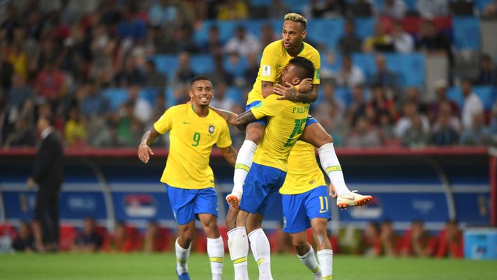 MOSCOW, RUSSIA - JUNE 27:  Brazil goalscorer Paulinho celebrates his goal with Gabriel Jesus (l) and Neymar Jr during the 2018 FIFA World Cup Russia group E match between Serbia and Brazil at Spartak Stadium on June 27, 2018 in Moscow, Russia.  (Photo by Stu Forster/Getty Images)  MOSCOW, RUSSIA - JUNE 27:  Brazil goalscorer Paulinho celebrates his goal with Gabriel Jesus (l) and Neymar Jr during the 2018 FIFA World Cup Russia group E match between Serbia and Brazil at Spartak Stadium on June 27, 2018 in Moscow, Russia.  (Photo by Stu Forster/Getty Images)