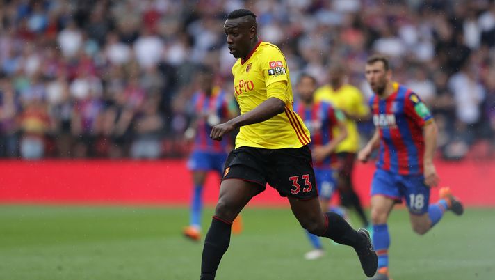 WATFORD, ENGLAND - APRIL 21: Stefano Okaka of Watford in action during the Premier League match between Watford and Crystal Palace at Vicarage Road on April 21, 2018 in Watford, England. (Photo by Richard Heathcote/Getty Images) 