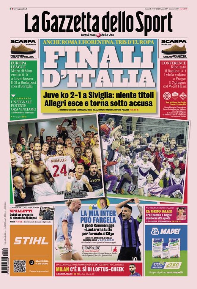 Prima pagina Gazzetta dello Sport 19/05/2023