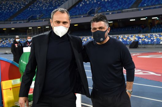 NAPLES, ITALY - FEBRUARY 28: (L - R) Maurizio D'Angelo, Assistant Coach of Benevento Calcio poses for a photo with Gennaro Gattuso, Head Coach of Napoli prior to the Serie A match between SSC Napoli and Benevento Calcio at Stadio Diego Armando Maradona on February 28, 2021 in Naples, Italy. Sporting stadiums around Italy remain under strict restrictions due to the Coronavirus Pandemic as Government social distancing laws prohibit fans inside venues resulting in games being played behind closed doors. (Photo by Francesco Pecoraro/Getty Images) NAPLES, ITALY - FEBRUARY 28: (L - R) Maurizio D'Angelo, Assistant Coach of Benevento Calcio poses for a photo with Gennaro Gattuso, Head Coach of Napoli prior to the Serie A match between SSC Napoli and Benevento Calcio at Stadio Diego Armando Maradona on February 28, 2021 in Naples, Italy. Sporting stadiums around Italy remain under strict restrictions due to the Coronavirus Pandemic as Government social distancing laws prohibit fans inside venues resulting in games being played behind closed doors. (Photo by Francesco Pecoraro/Getty Images)
