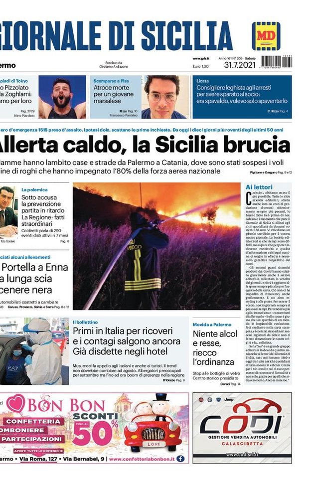 Prima Pagina, Giornale di Sicilia: “Allerta caldo, la Sicilia brucia” 