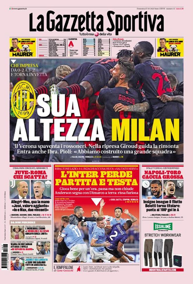 Prima Pagina La Gazzetta dello Sport: “Sua altezza Milan. Inter perde partita e testa” Prima Pagina La Gazzetta dello Sport: “Sua altezza Milan. Inter perde partita e testa” - immagine 1