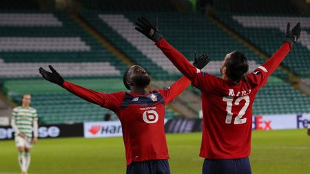 GLASGOW, SCOTLAND - DECEMBER 10: Jonathan Ikone of Lille celebrates after scoring their team's first goal Yusuf Yazici of Lille during the UEFA Europa League Group H stage match between Celtic and LOSC Lille at Celtic Park on December 10, 2020 in Glasgow, Scotland. The match will be played without fans, behind closed doors as a Covid-19 precaution. (Photo by Ian MacNicol/Getty Images) GLASGOW, SCOTLAND - DECEMBER 10: Jonathan Ikone of Lille celebrates after scoring their team's first goal Yusuf Yazici of Lille during the UEFA Europa League Group H stage match between Celtic and LOSC Lille at Celtic Park on December 10, 2020 in Glasgow, Scotland. The match will be played without fans, behind closed doors as a Covid-19 precaution. (Photo by Ian MacNicol/Getty Images)