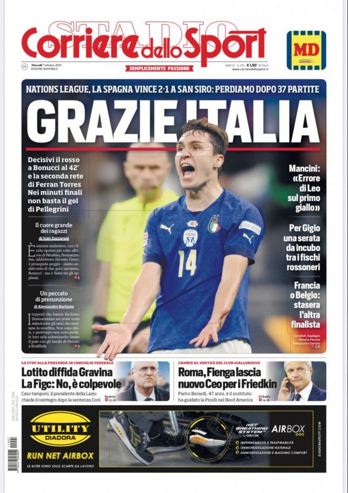 Prima Pagina, Corriere dello Sport: “Grazie Italia. Per Gigio una serata da incubo”  Prima Pagina, Corriere dello Sport: “Grazie Italia. Per Gigio una serata da incubo” - immagine 1