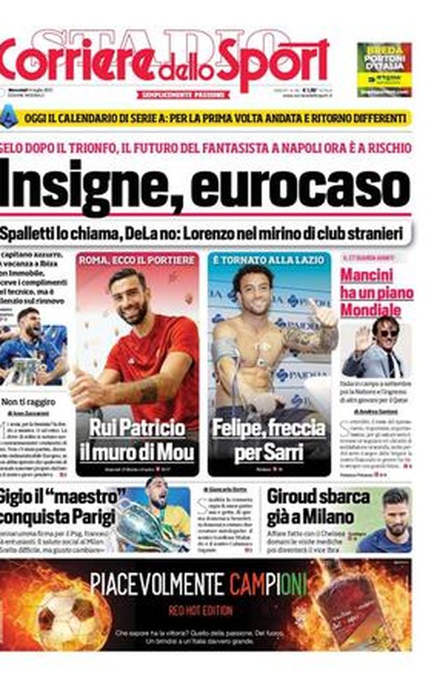 Prima Pagina, Corriere dello Sport: &#8220;Insigne, eurocaso. Felipe, freccia per Sarri&#8221; 
