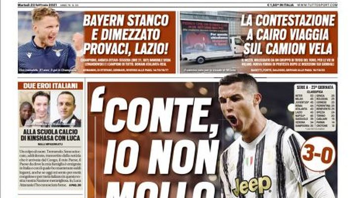 Prima Pagina, Tuttosport: “Conte, io non mollo. Provaci, Lazio! La fuga dell’Inter, la crisi del Milan” Prima Pagina, Tuttosport: “Conte, io non mollo. Provaci, Lazio! La fuga dell’Inter, la crisi del Milan”