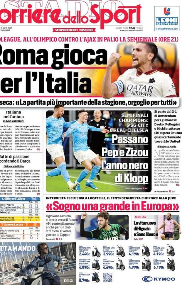 Prima Pagina, Corriere dello Sport: “Roma gioca per l’Italia. L’anno nero di Klopp. Locatelli&#8230;” 