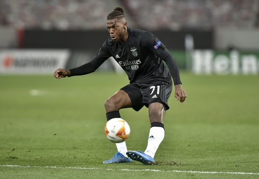  PIRAEUS, GREECE - FEBRUARY 25: Nuno Tavares of S.L. Benfica shoots during the UEFA Europa League Round of 32 match between Arsenal FC and SL Benfica at Karaiskakis Stadium on February 25, 2021 in Piraeus, Greece. Arsenal face SL Benfica at a neutral venue in Piraeus behind closed doors to prevent the spread of Covid-19 variants. (Photo by Milos Bicanski/Getty Images) 