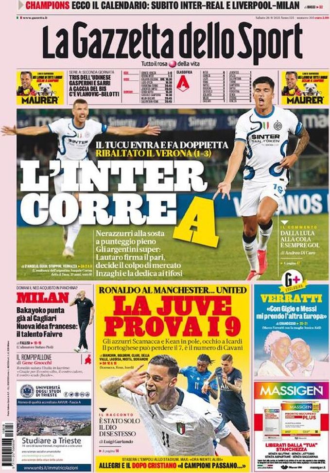 Prima Pagina, La Gazzetta dello Sport: “L’Inter Correa. Ronaldo al Manchester Utd”  Prima Pagina, La Gazzetta dello Sport: “L’Inter Correa. Ronaldo al Manchester Utd”