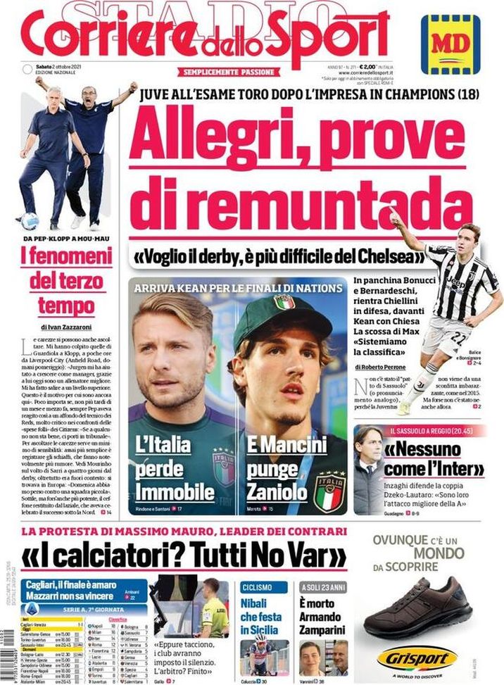 Prima Pagina, Corriere dello Sport: “Allegri, prove di remuntada. L’Italia perde Immobile” Prima Pagina, Corriere dello Sport: “Allegri, prove di remuntada. L’Italia perde Immobile” - immagine 1