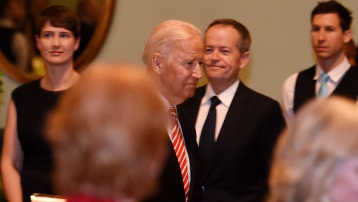 MELBOURNE, AUSTRALIA - JULY 17: US Vice President Joe Biden (centre) walks past Opposition Leader Bill Shorten (left) as he arrives at a dinner held by the Governor of Victoria Linda Dessau at Government Houseon July 17, 2016 in Melbourne, Australia. Mr Biden attended the opening of Victoria's $1 billion Comprehensive Cancer Centre. (Photo by Tracey Nearmy - Pool/Getty Images) MELBOURNE, AUSTRALIA - JULY 17: US Vice President Joe Biden (centre) walks past Opposition Leader Bill Shorten (left) as he arrives at a dinner held by the Governor of Victoria Linda Dessau at Government Houseon July 17, 2016 in Melbourne, Australia. Mr Biden attended the opening of Victoria's $1 billion Comprehensive Cancer Centre. (Photo by Tracey Nearmy - Pool/Getty Images)