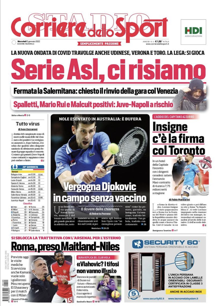 Prima Pagina, Corriere dello Sport: “Serie Asl ci risiamo. Roma preso Maitland-Niles” prima pagina