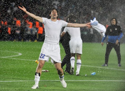 BARCELONA, SPAIN - APRIL 28: Diego Milito of Inter Milan celebrates after victory in the UEFA Champions League Semi Final Second Leg match between Barcelona and Inter Milan at Camp Nou on April 28, 2010 in Barcelona, Spain.  (Photo by Michael Regan/Getty Images) 
