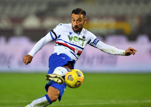 TURIN, ITALY - NOVEMBER 30: Fabio Quagliarella of U.C. Sampdoria scores their team's second goal during the Serie A match between Torino FC and UC Sampdoria at Stadio Olimpico di Torino on November 30, 2020 in Turin, Italy. Sporting stadiums around Italy remain under strict restrictions due to the Coronavirus Pandemic as Government social distancing laws prohibit fans inside venues resulting in games being played behind closed doors. (Photo by Valerio Pennicino/Getty Images) TURIN, ITALY - NOVEMBER 30: Fabio Quagliarella of U.C. Sampdoria scores their team's second goal during the Serie A match between Torino FC and UC Sampdoria at Stadio Olimpico di Torino on November 30, 2020 in Turin, Italy. Sporting stadiums around Italy remain under strict restrictions due to the Coronavirus Pandemic as Government social distancing laws prohibit fans inside venues resulting in games being played behind closed doors. (Photo by Valerio Pennicino/Getty Images)