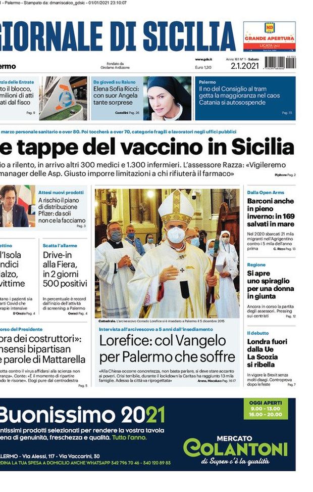 Prima Pagina, Giornale di Sicilia: “Le tappe del vaccino in Sicilia. Nell’Isola gli indici in rialzo” 