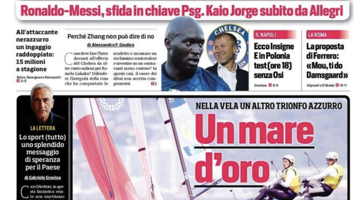 Prima Pagina, Corriere dello Sport: “Lukaku, aria di addio. CR7-Messi, sfida PSG” Prima Pagina, Corriere dello Sport: “Lukaku, aria di addio. CR7-Messi, sfida PSG”