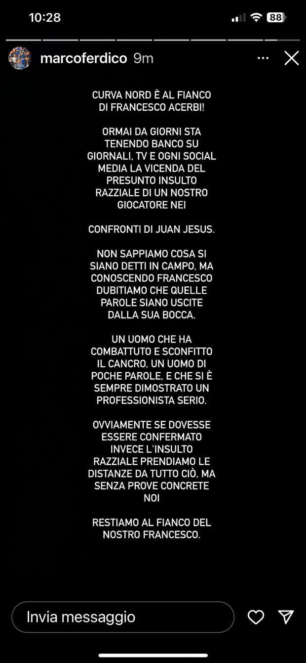 Curva Nord: “Noi siamo con Acerbi, lo conosciamo. Se venisse confermato l’insulto razzista…”- immagine 3