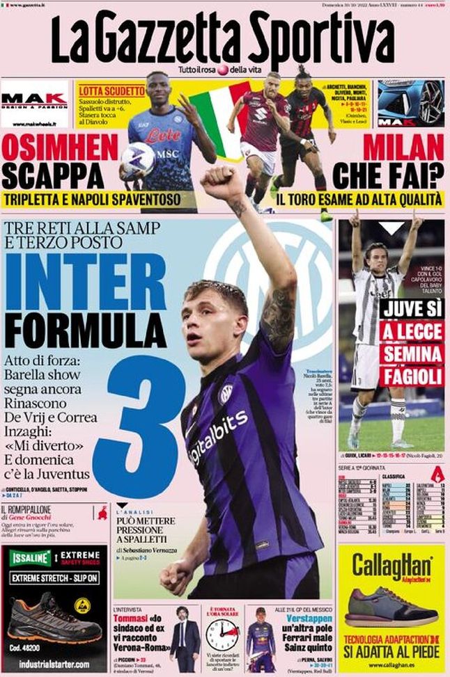 Prima pagina Gazzetta dello Sport 30/10/2022