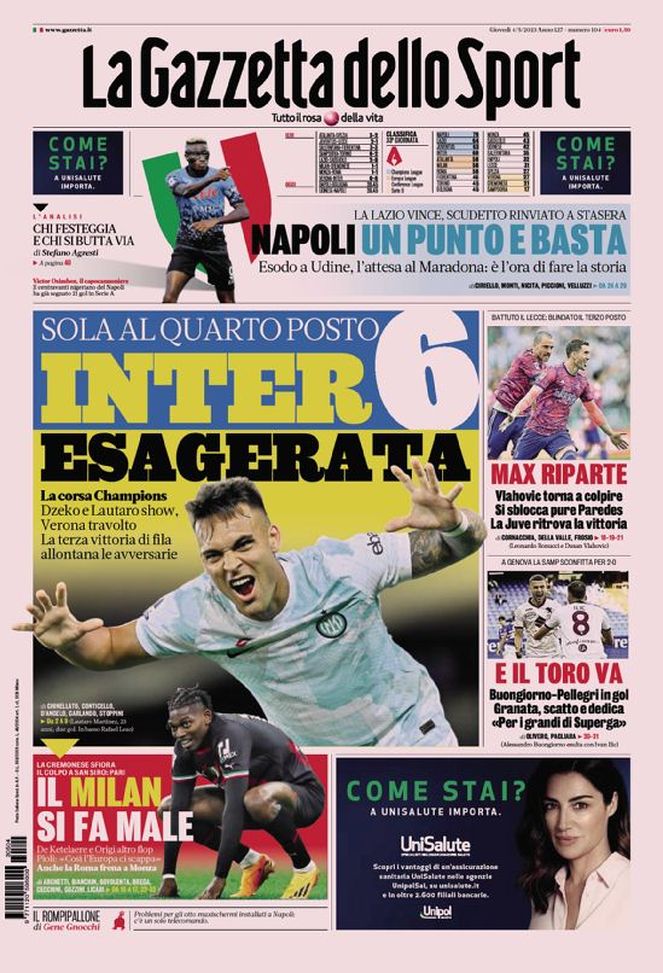 Prima pagina Gazzetta dello Sport 04/05/2023