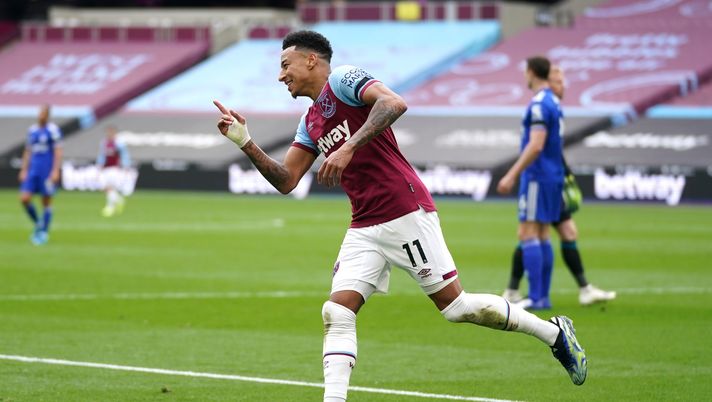 LONDON, ENGLAND - APRIL 11: Jesse Lingard of West Ham United celebrates after scoring their side's second goal during the Premier League match between West Ham United and Leicester City at London Stadium on April 11, 2021 in London, England. Sporting stadiums around the UK remain under strict restrictions due to the Coronavirus Pandemic as Government social distancing laws prohibit fans inside venues resulting in games being played behind closed doors. (Photo by John Walton - Pool/Getty Images) LONDON, ENGLAND - APRIL 11: Jesse Lingard of West Ham United celebrates after scoring their side's second goal during the Premier League match between West Ham United and Leicester City at London Stadium on April 11, 2021 in London, England. Sporting stadiums around the UK remain under strict restrictions due to the Coronavirus Pandemic as Government social distancing laws prohibit fans inside venues resulting in games being played behind closed doors. (Photo by John Walton - Pool/Getty Images)
