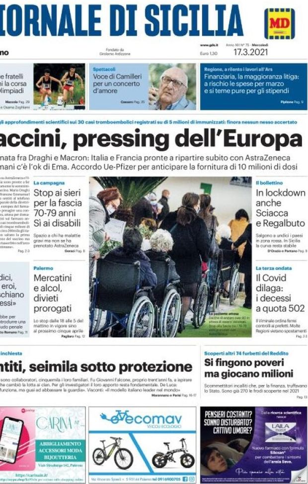 Prima Pagina, Giornale di Sicilia: “Vaccini, pressing dell’Europa. Mercatini e alcol, divieti prorogati. Pentiti, seimila sotto protezione” Prima Pagina, Giornale di Sicilia: “Vaccini, pressing dell’Europa. Mercatini e alcol, divieti prorogati. Pentiti, seimila sotto protezione”
