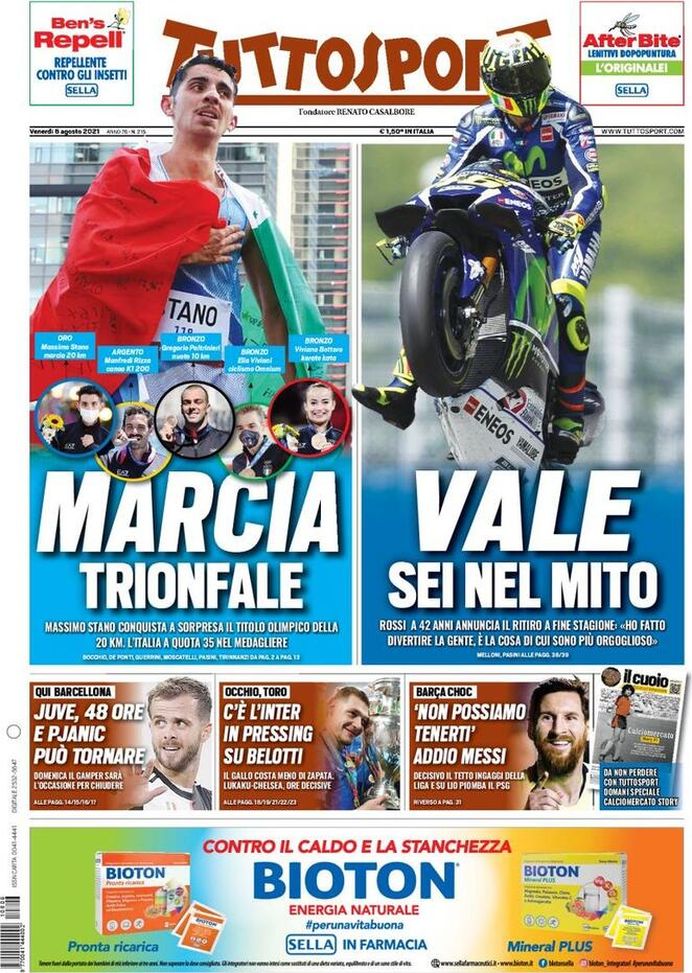 Prima Pagina, Tuttosport: “Vale, sei nel mito. Inter in pressing su Belotti”  Prima Pagina, Tuttosport: “Vale, sei nel mito. Inter in pressing su Belotti”